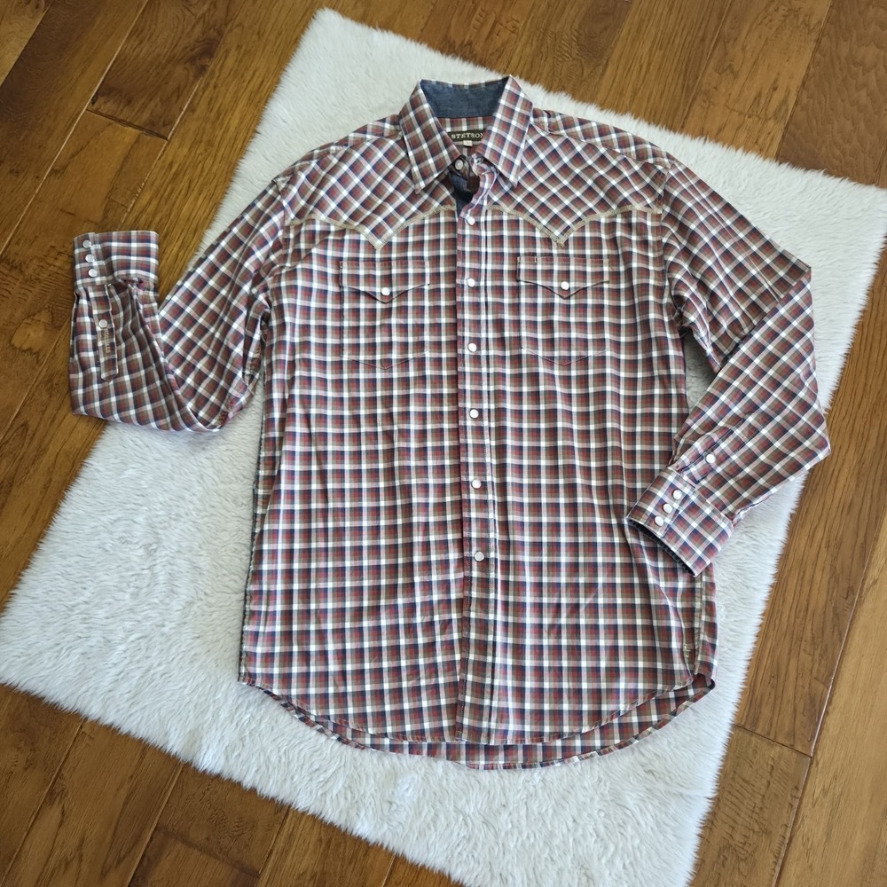 Stetson Western Pearl Snap Shirt Men's Large Plaid Long Sleeve 100% Cotton